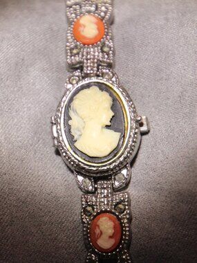 Watch or bracelet, silver tone, Faux cameo. Kristine brand. Good.